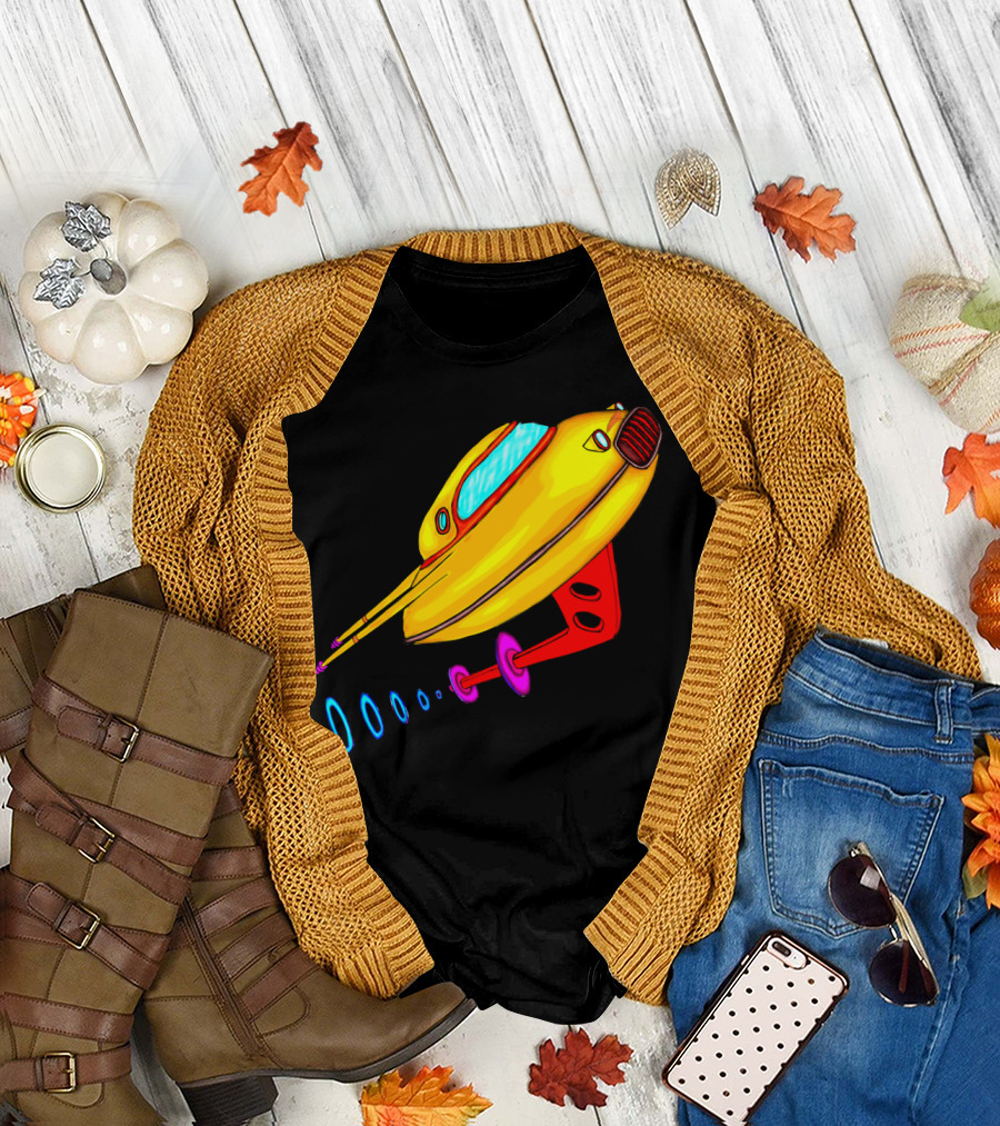 Family Space Ship Cruiser Yellow Retro Cartoon T-Shirt