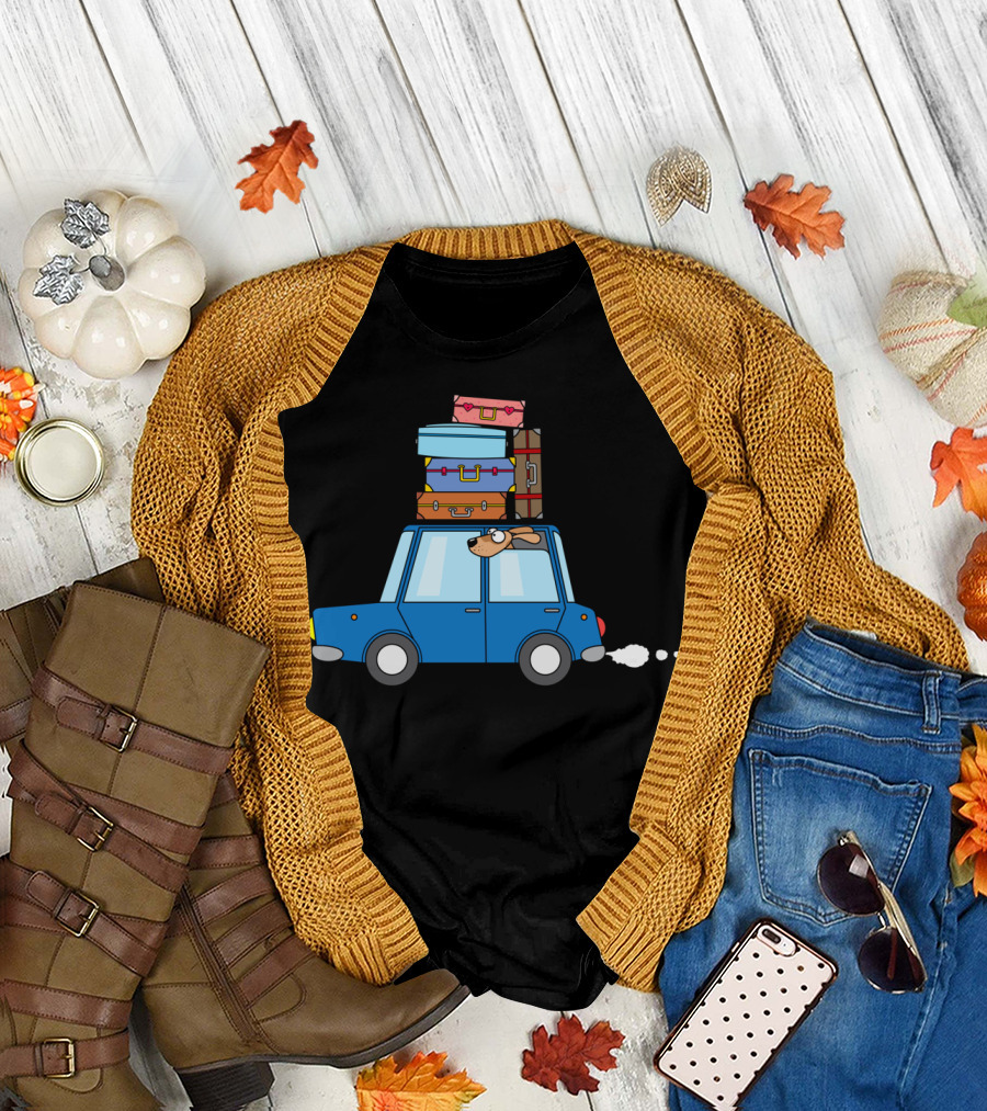Family Travel Cartoon Car Dog Luggage Adventure T-Shirt