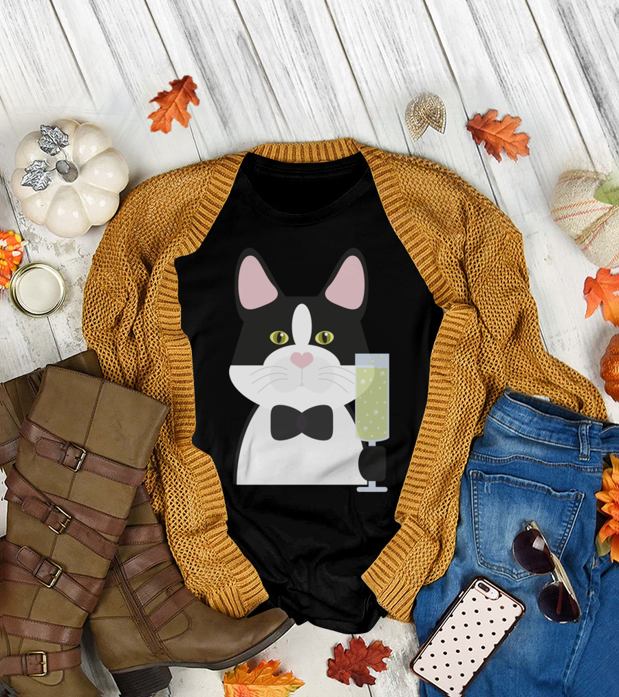 Fancy Black Cat with Bow Tie and Champagne Glass T-Shirt