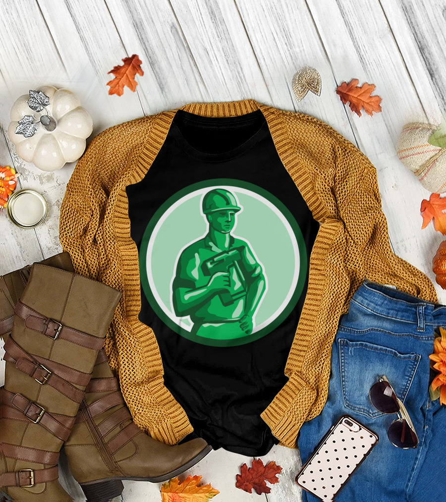 Green Construction Worker Holding Nailgun in Circular T-Shirt