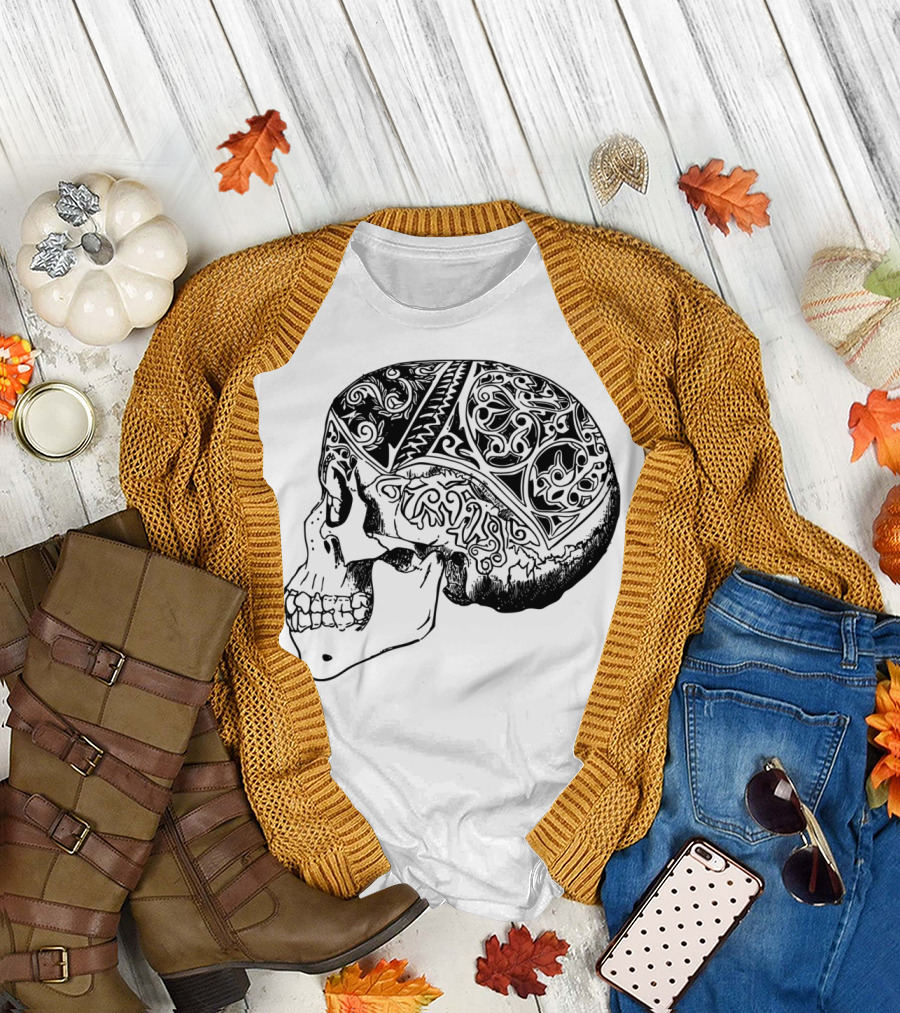 Patterned Skull Profile Tribal Motif T-Shirt