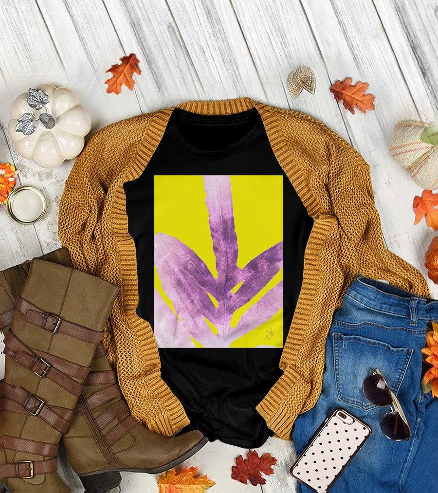 Green Fern Purple Leaf on Bright Yellow Background T-Shirt