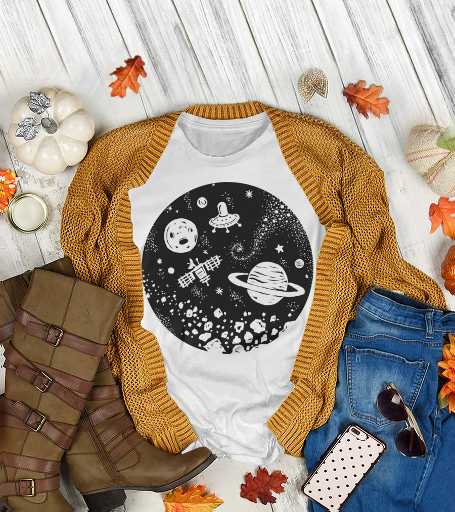 Galaxy Elements UFO Saturn Asteroid Field Starry Night Sky T-Shirt