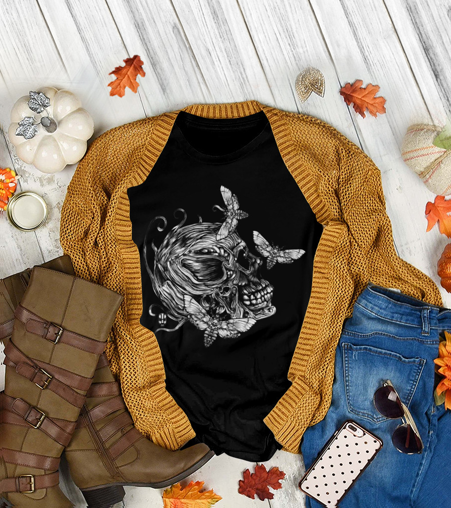 Human Skull with Moths and Swirling Elements T-Shirt