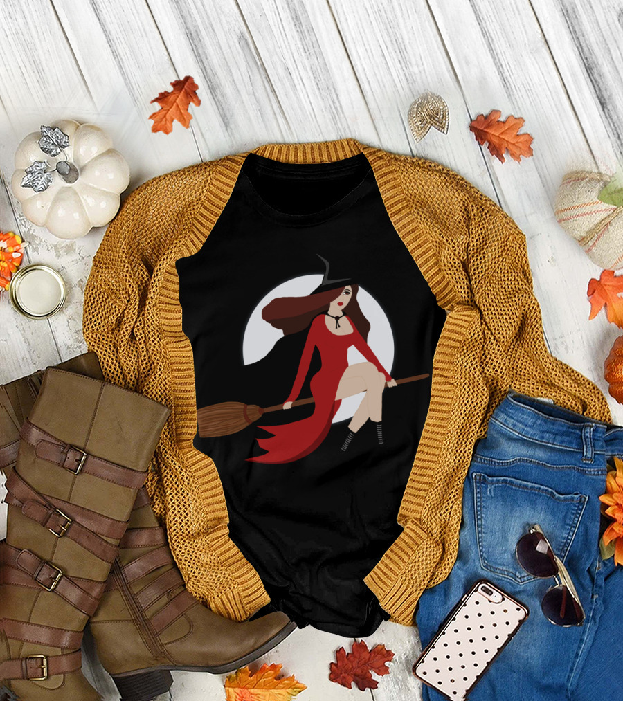 Witch On A Broomstick in Moonlit Night Dress T-Shirt
