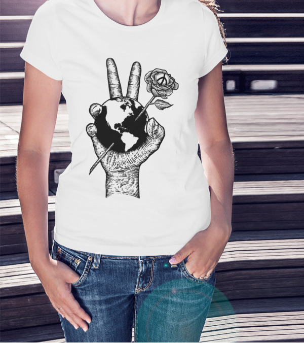Peace World Hand Holding Earth And Rose T-Shirt