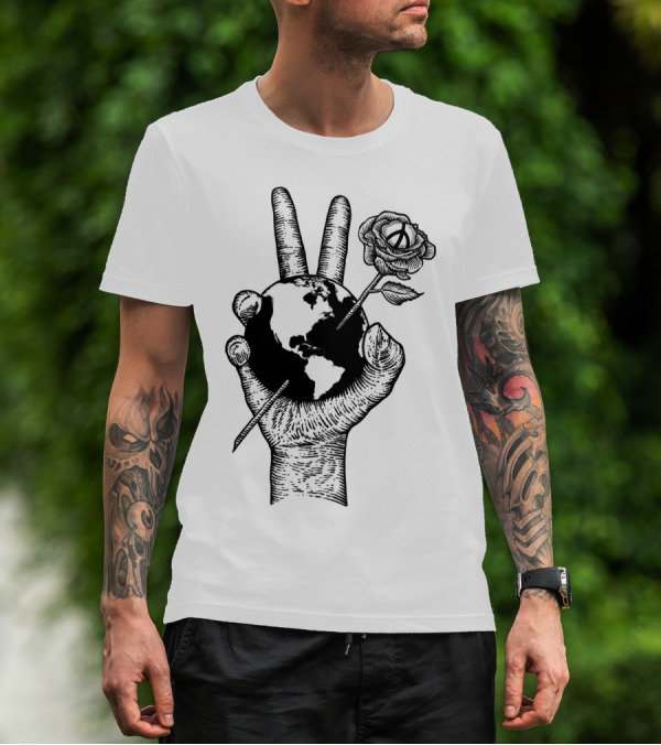 Peace World Hand Holding Earth And Rose T-Shirt
