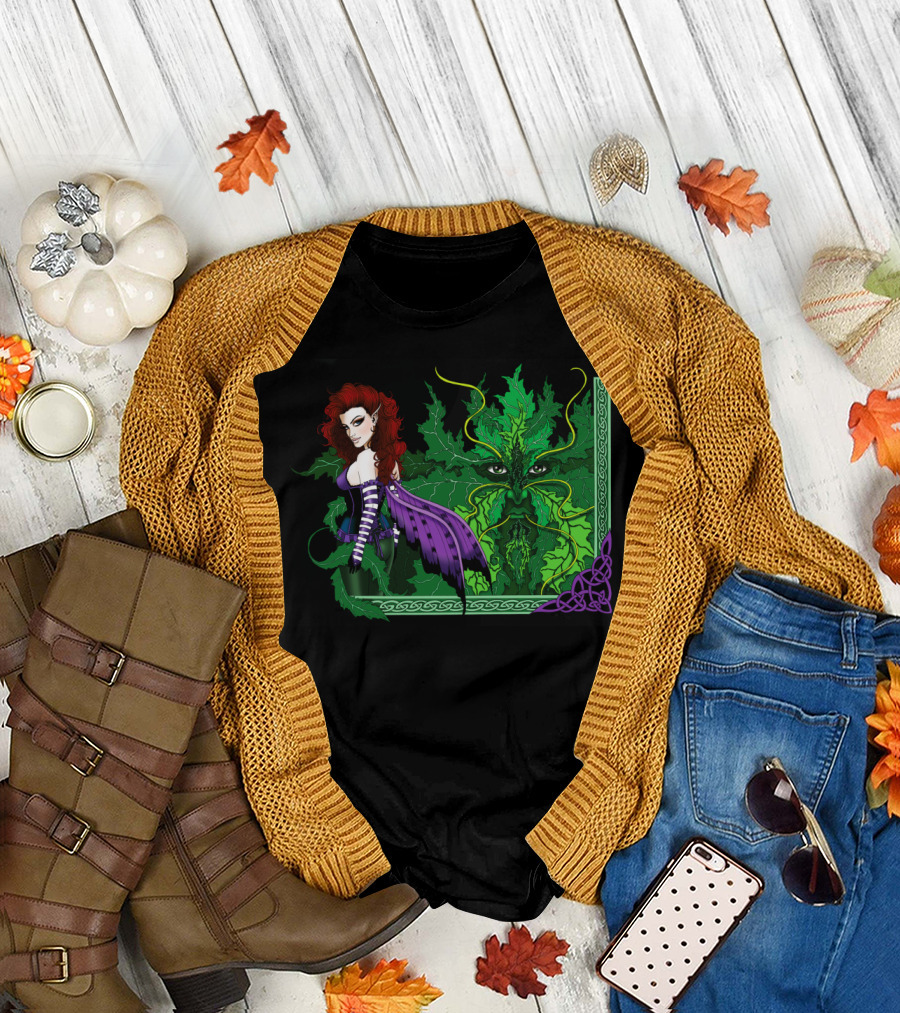 Green Man and Red-Haired Woman with Celtic Leaves and Eyes T-Shirt