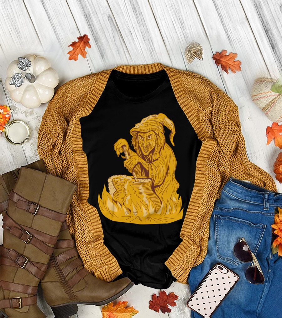 Witch Stirring Brew Cauldron with Flames Drawing T-Shirt