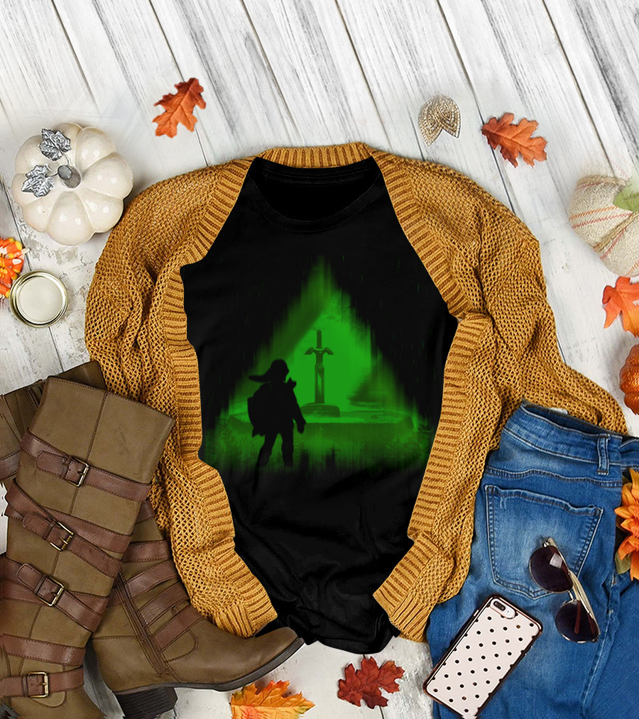 Pedestal Of Time Iconic Sword Silhouette in Green Forest Setting T-Shirt