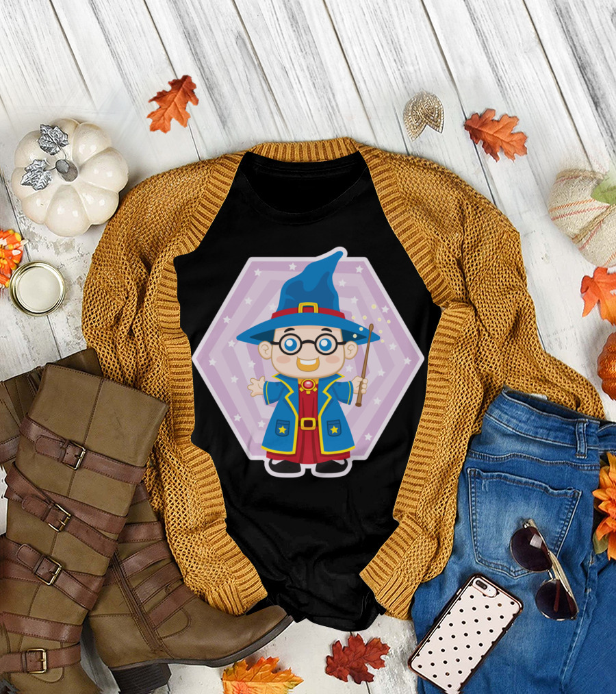 Wizard with Blue Hat and Wand in Starry Hexagon Background T-Shirt