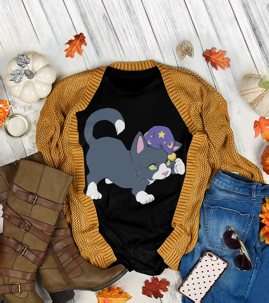 Wizard Kitten with Starry Hat and Wand T-Shirt