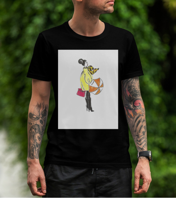 Fashion Illustration Yellow Coat Orange Umbrella T-Shirt