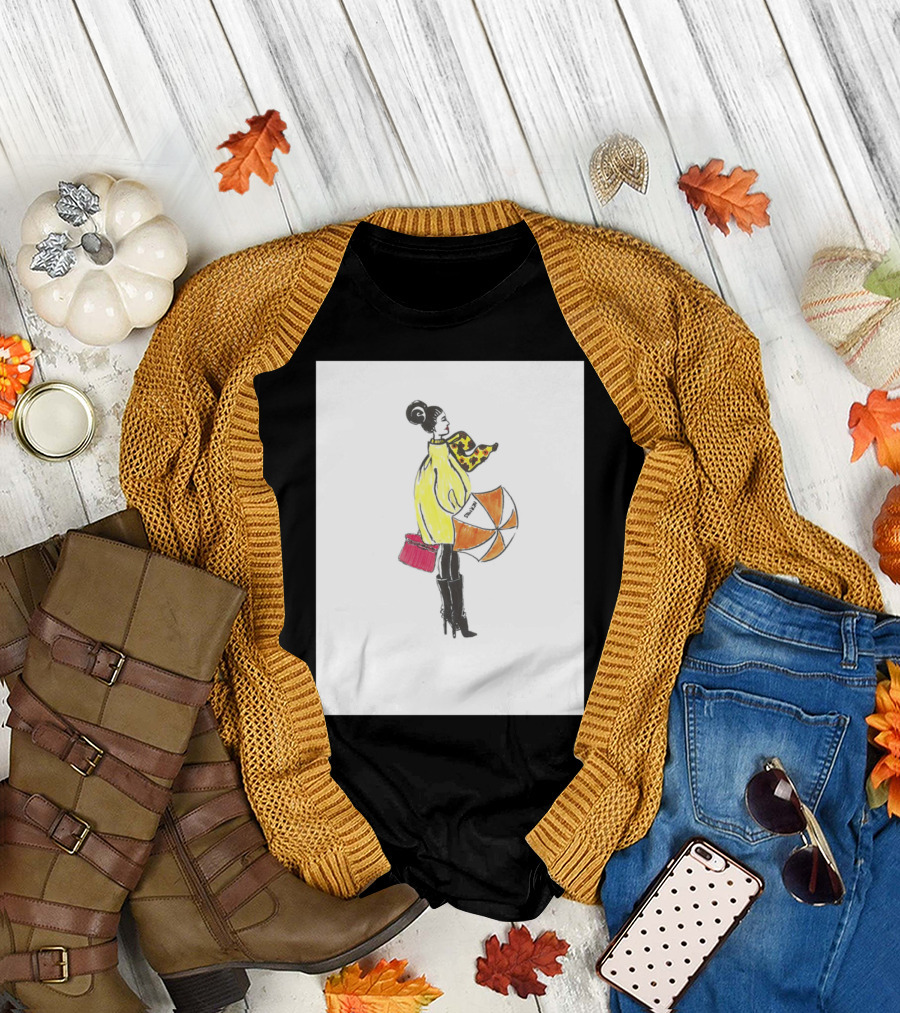Fashion Illustration Yellow Coat Orange Umbrella T-Shirt