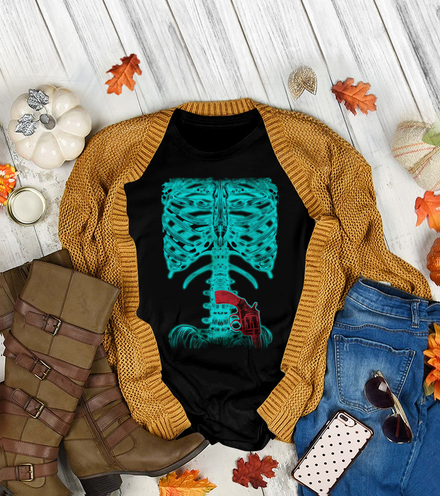 Human Xray Skeleton with Red Gun T-Shirt