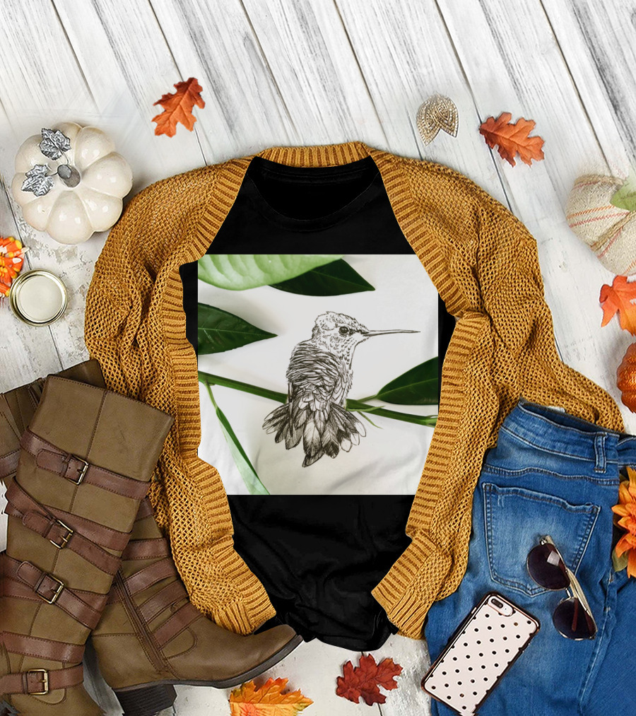 Hummingbird Perched Art Print Botanical Sketch T-Shirt