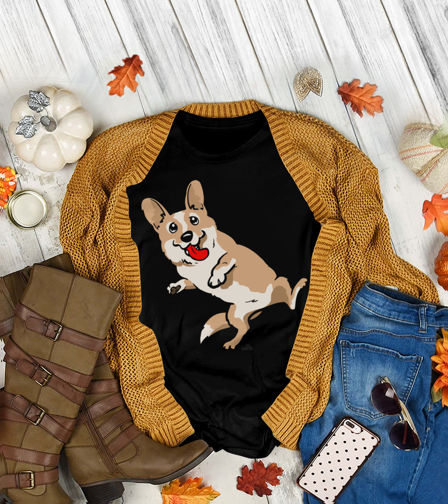Cartoon Corgi Dog Playful Running with Tongue Out T-Shirt