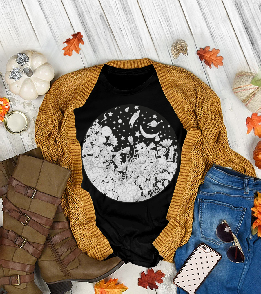 Cartoon Night Celestial Adventure with Stars and Moons T-Shirt