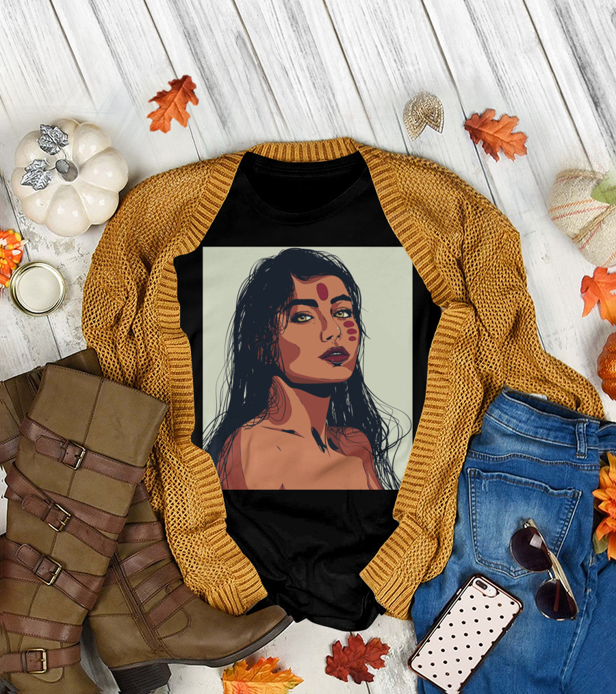 Indienne Pop Art Portrait with Tribal Red Marks T-Shirt