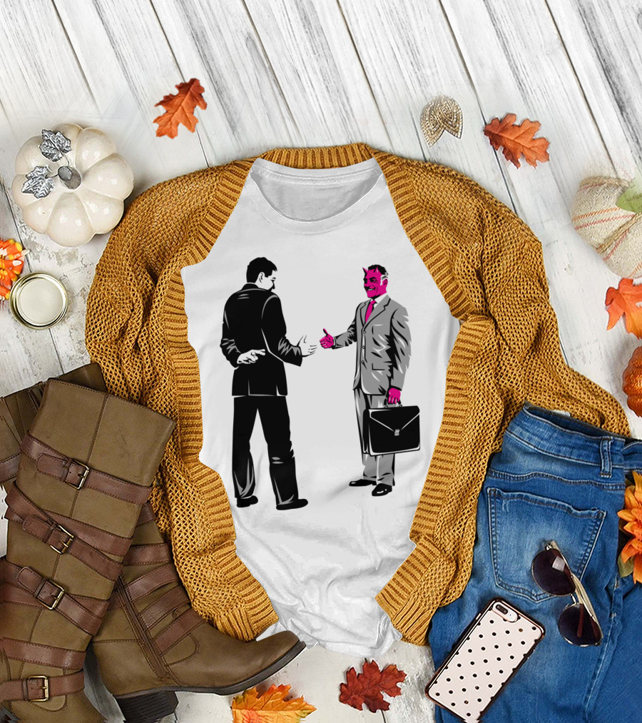 Double Crossed Handshake with Businessman and Devil T-Shirt