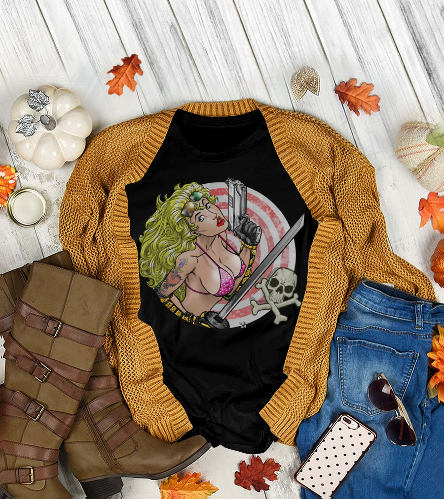 Bikini Clad Blond Street Fighter Guns Sword Skull Tattoo Spiral Background T-Shirt