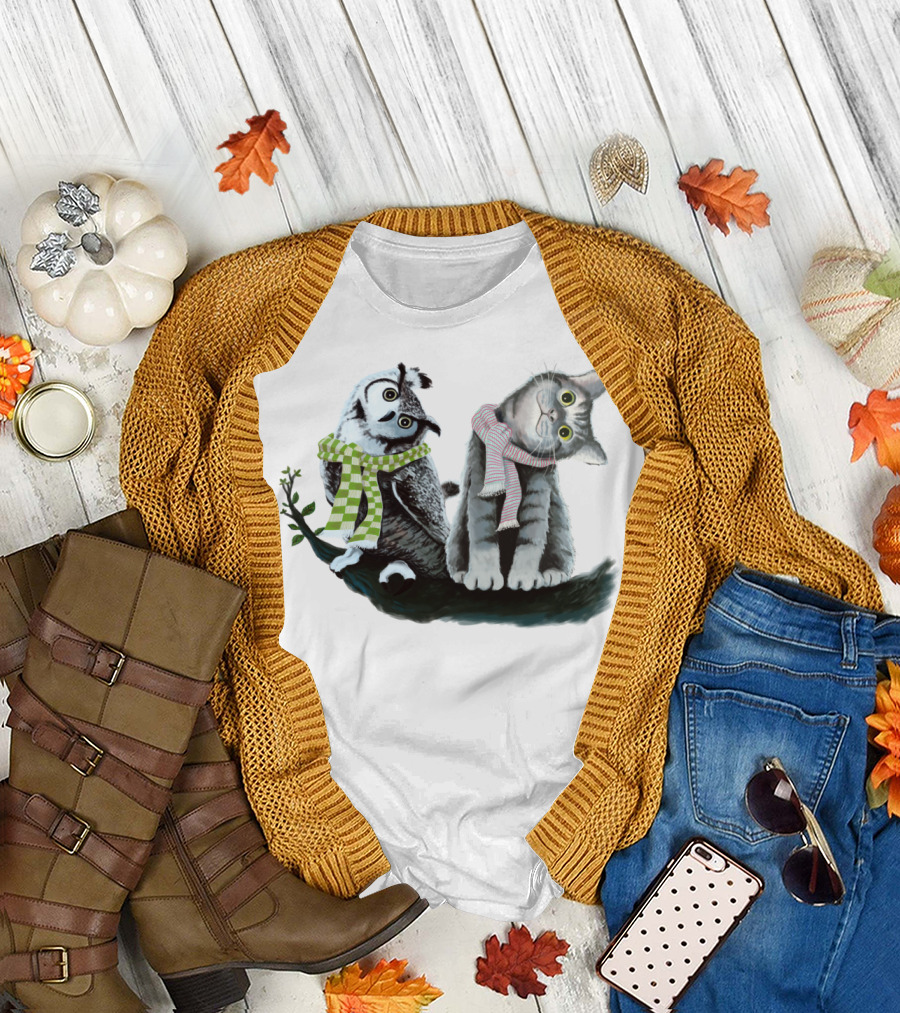Cat And Owl in Scarves on Branch T-Shirt