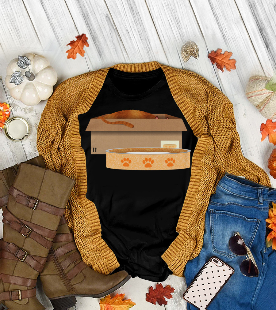 Cat in Cardboard Box Next to Paw Print Cat Bed T-Shirt