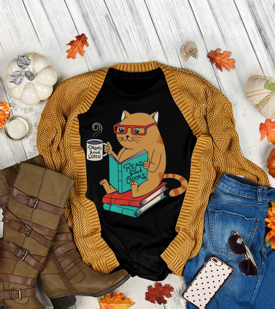 Drink Good Coffee Read Good Books Cat T-Shirt