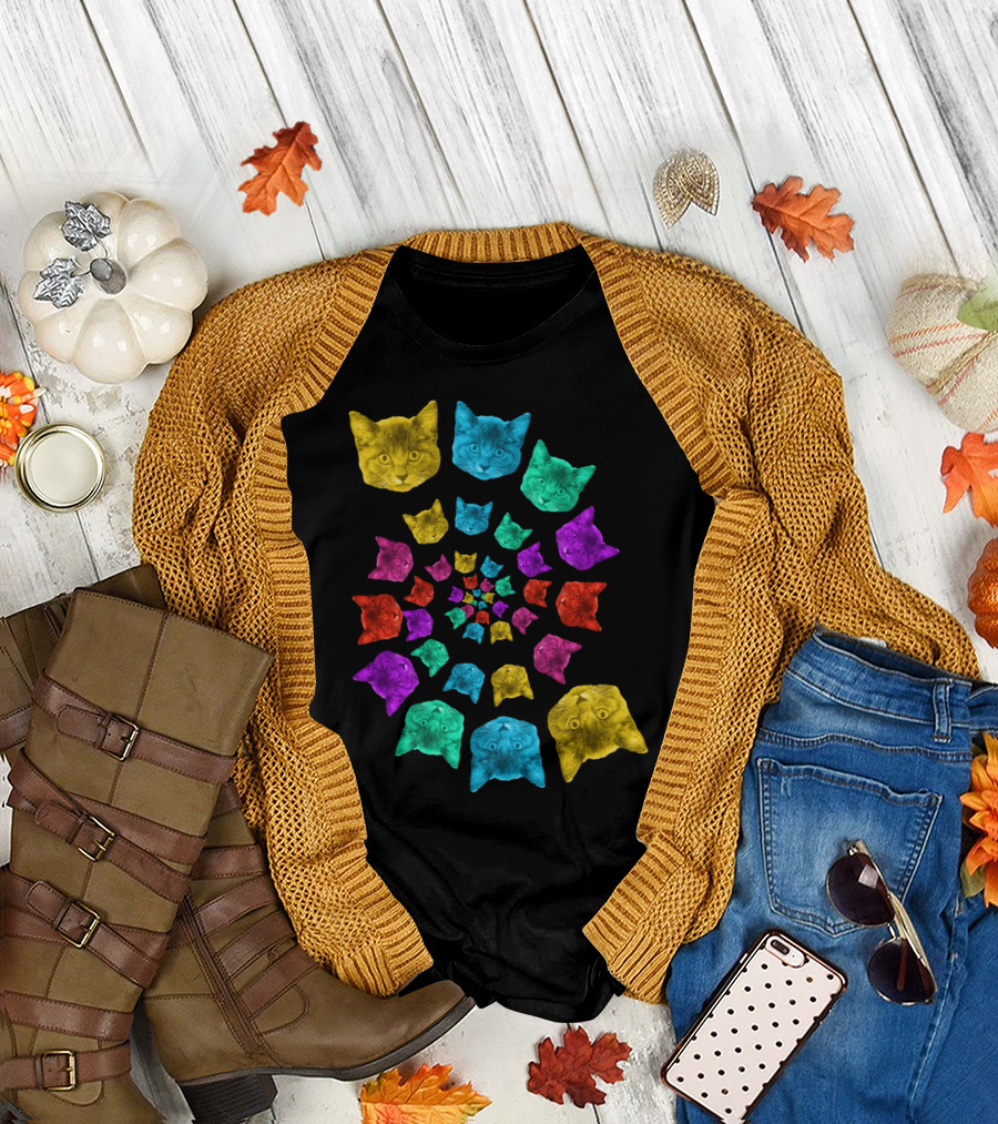 Cat Colorful Heads Vibrant Spiral T-Shirt