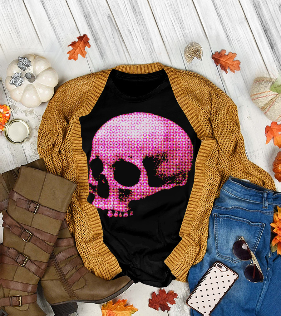 Pink Halftone Human Skull Profile Retro T-Shirt