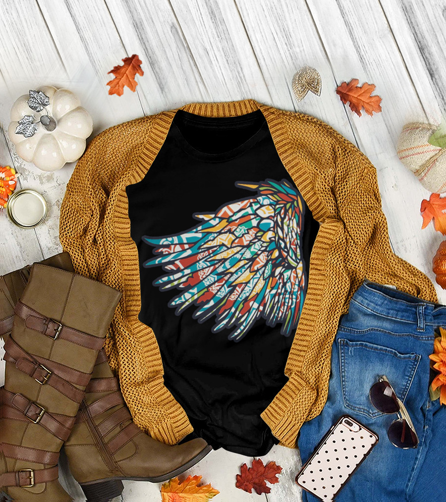 Feather Me Tribal Pattern Wing Design Multicolor T-Shirt