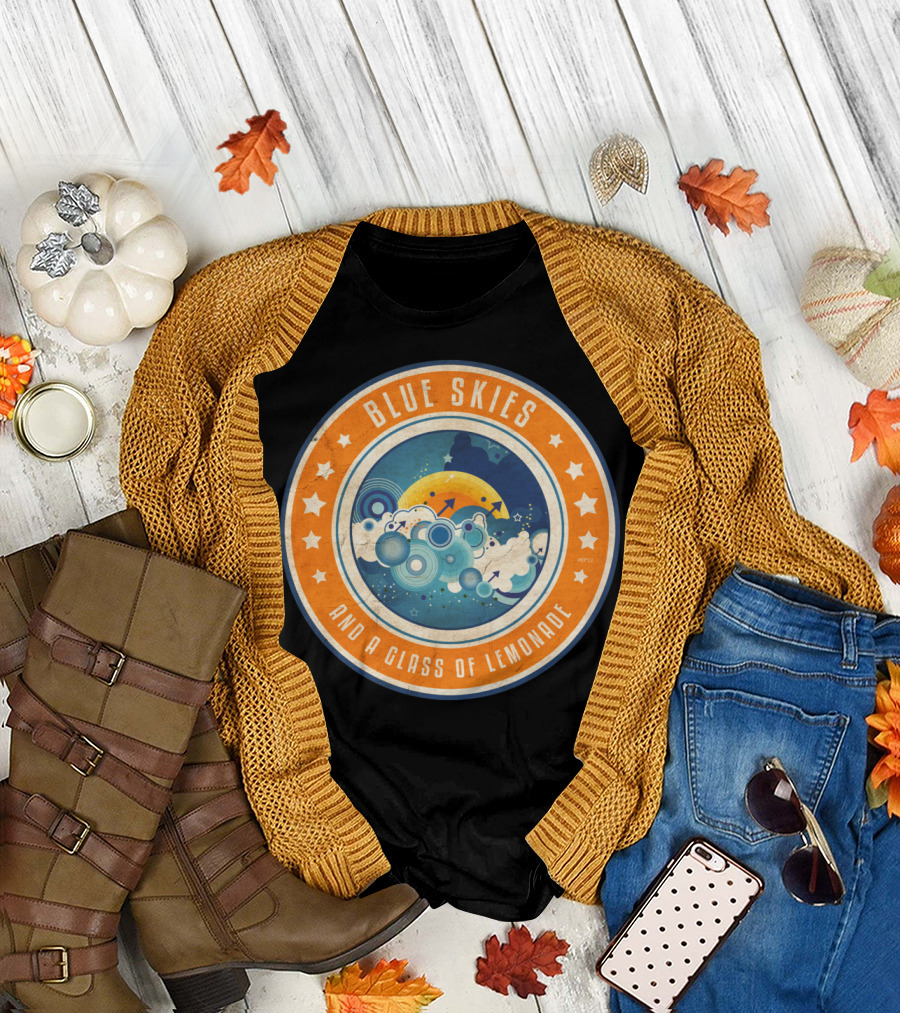 Blue Skies And A Glass Of Lemonade Vintage Circle Cloud Stars Moon Retro T-Shirt