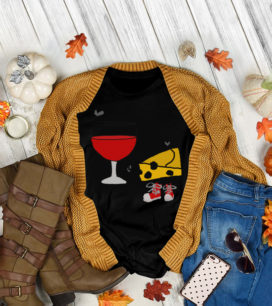 Funny Wine and Cheese with Cartoon Character Sneakers T-Shirt