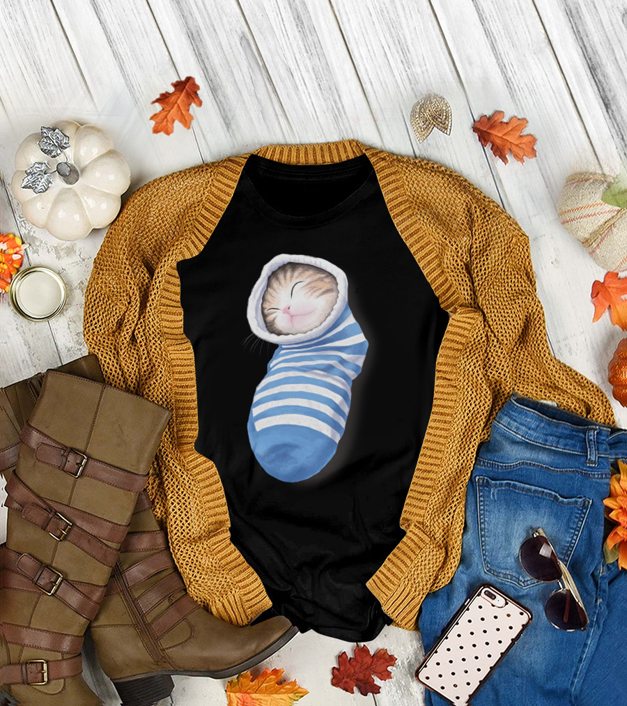Cat In The Sock Sleeping Striped Blue Zzz T-Shirt