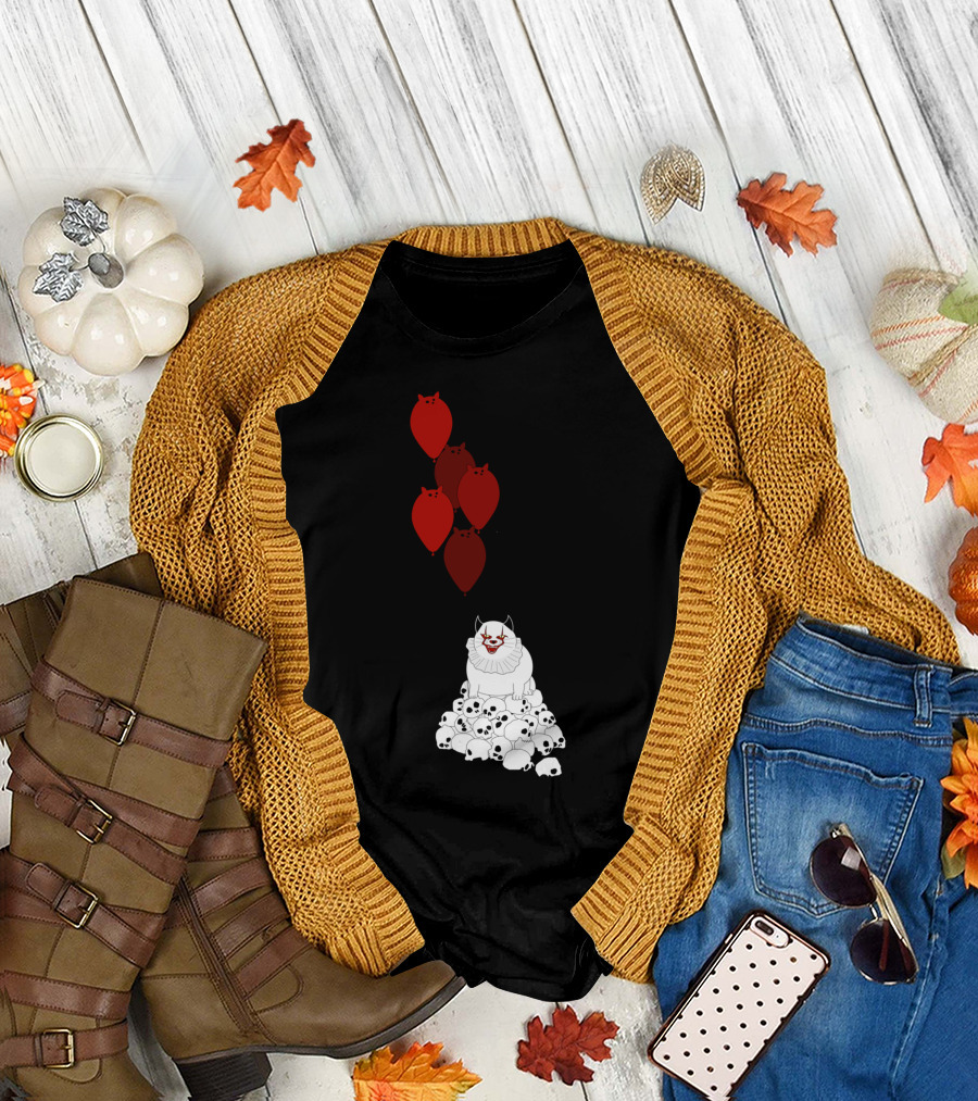 Clown Cat on Skulls with Red Cat Balloons T-Shirt