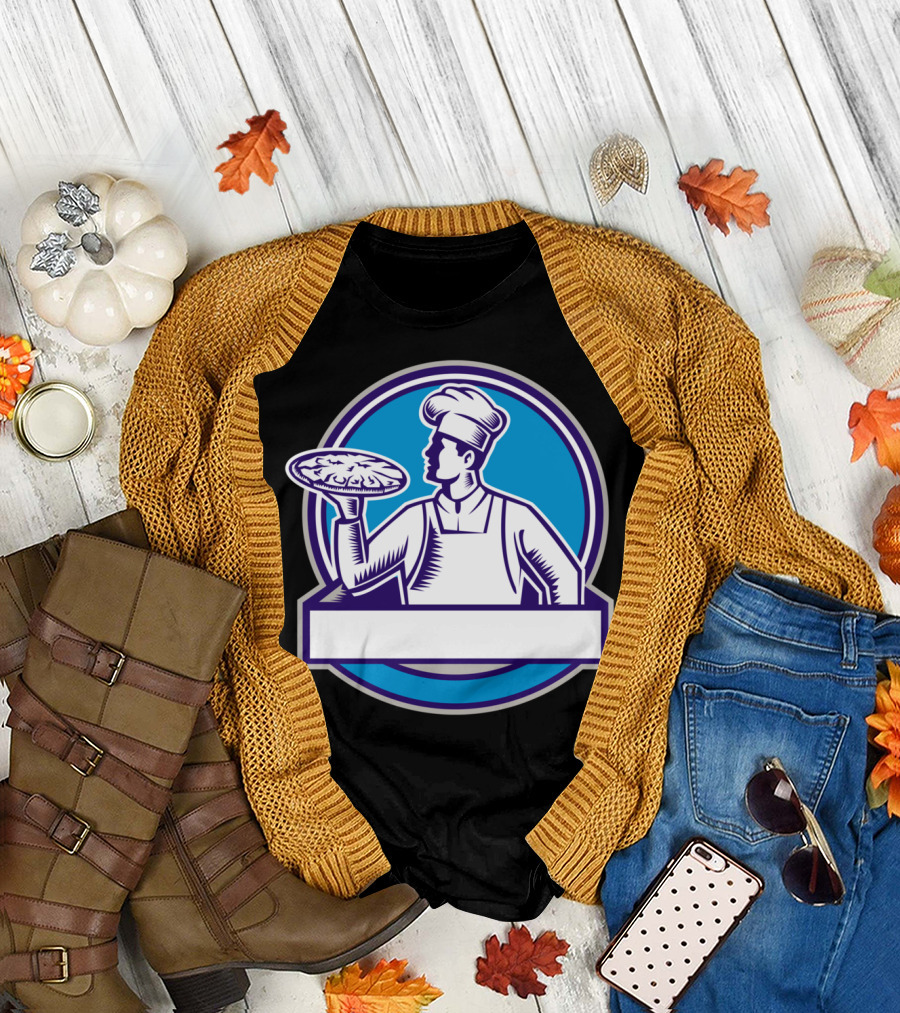 Pizza Chef Serving Pizza Circle Blue Woodcut T-Shirt