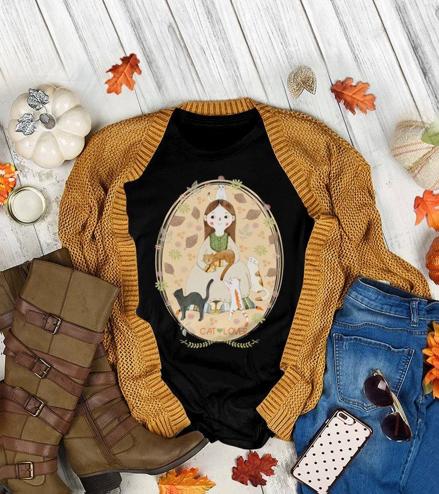 Cat Lover Whimsical Illustration with Cats and Floral Frame T-Shirt