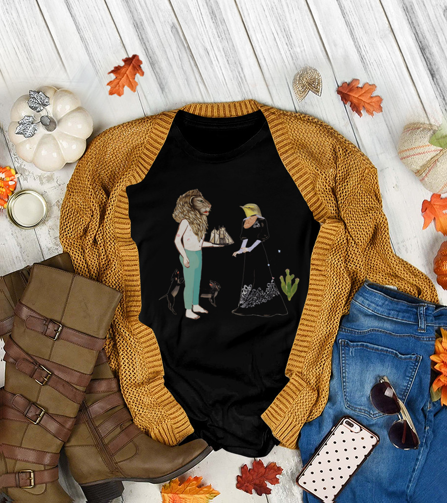And They Pushed It Out To Sea Lion Headed Man Bird Headed Woman Holding Ship Black Cats T-Shirt