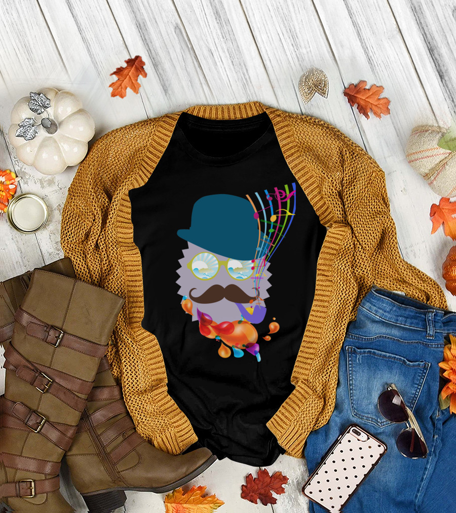 The Music Man 2 Funky Mustache Shades with Musical Notes and Colorful Flow T-Shirt