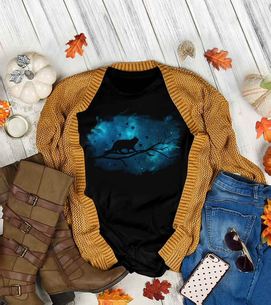 Cat Silhouette on Branch Against Galaxy Sky (Green) T-Shirt