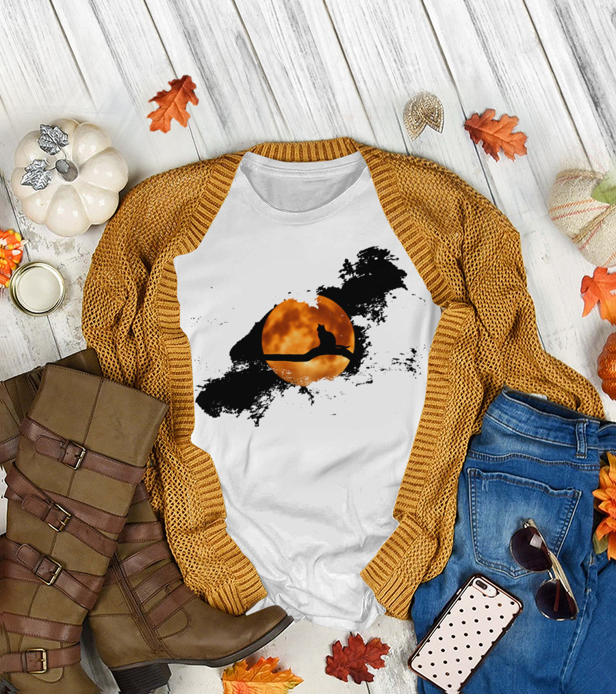Cat Perched Against Orange Moonlit Sky T-Shirt