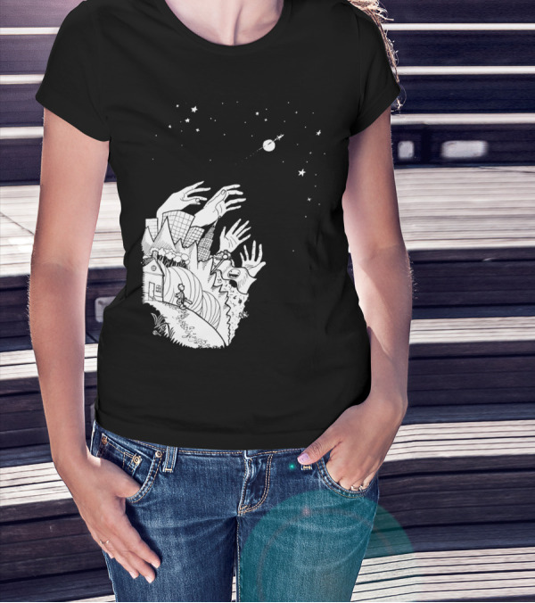 Cosmic Reach Of Hands On Earth With House And Stars T-Shirt