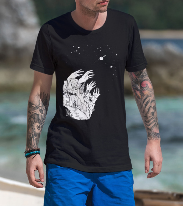 Cosmic Reach Of Hands On Earth With House And Stars T-Shirt