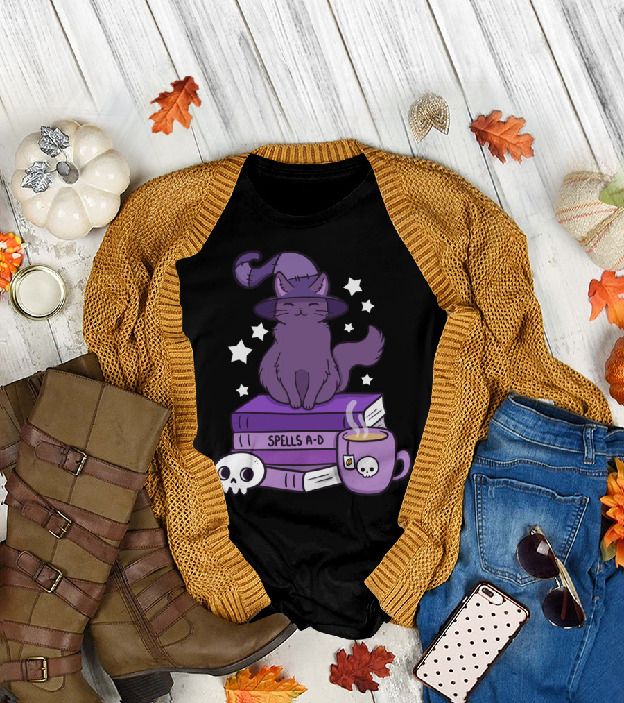 Feline Familiar Witch Cat with Spells A-D Books and Skull Mug T-Shirt