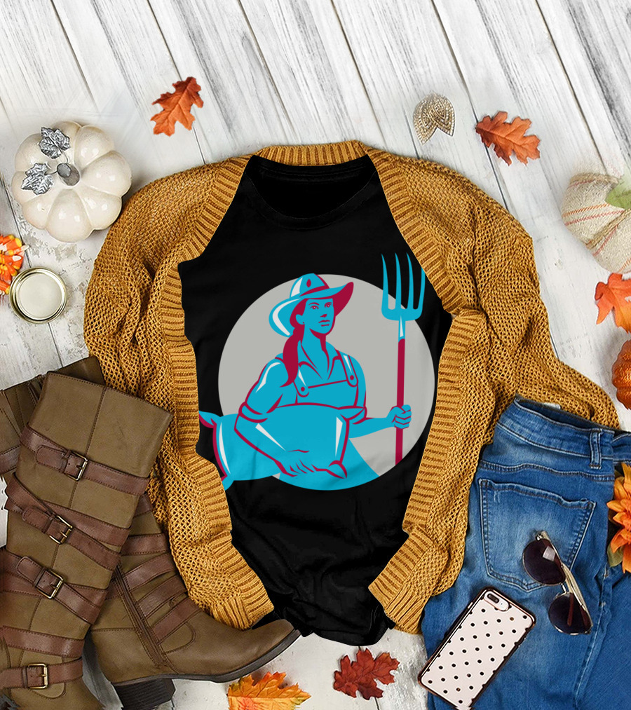 Female Organic Farmer Holding Sack and Pitchfork in Circular Emblem T-Shirt