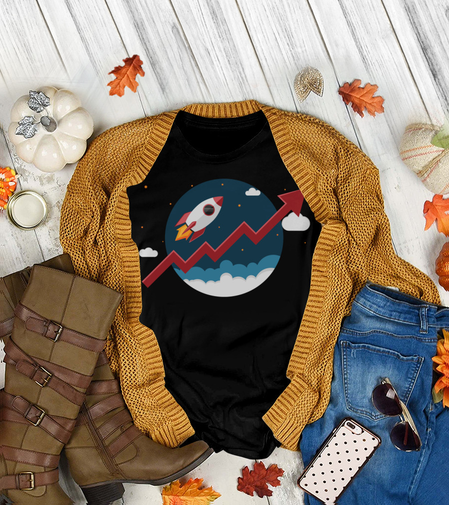 Rocket Success Increase with Growth Arrow and Stars in Night Sky T-Shirt