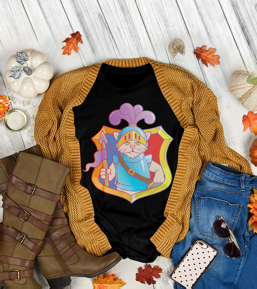 Cat Knight Cartoon with Armor and Crested Helmet in Shield Badge T-Shirt
