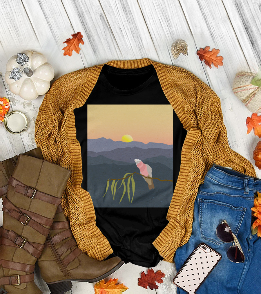 Galah Perched on Eucalyptus Branch with Blue Mountains Sunset T-Shirt