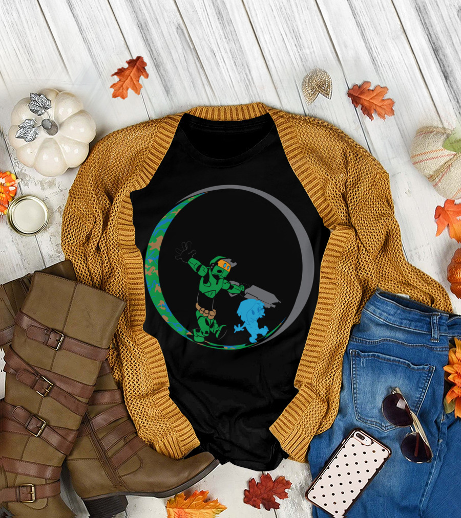 Galactic Journey with Cartoon Soldier in Planetary Ring Duel T-Shirt