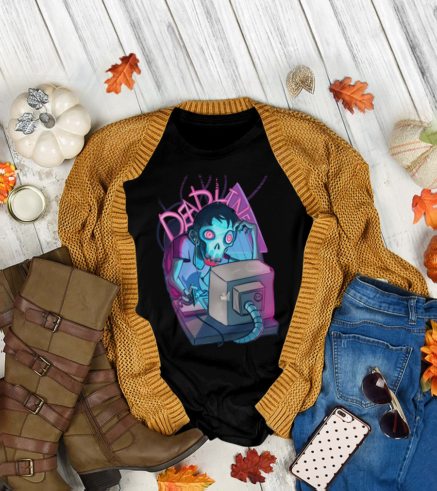 Zombie Gamer Deadline Neon Computer Work Overload T-Shirt